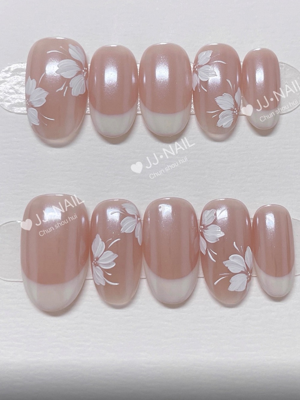 Hand made  Nude Blush French Tip Press-Ons with White Floral Accent